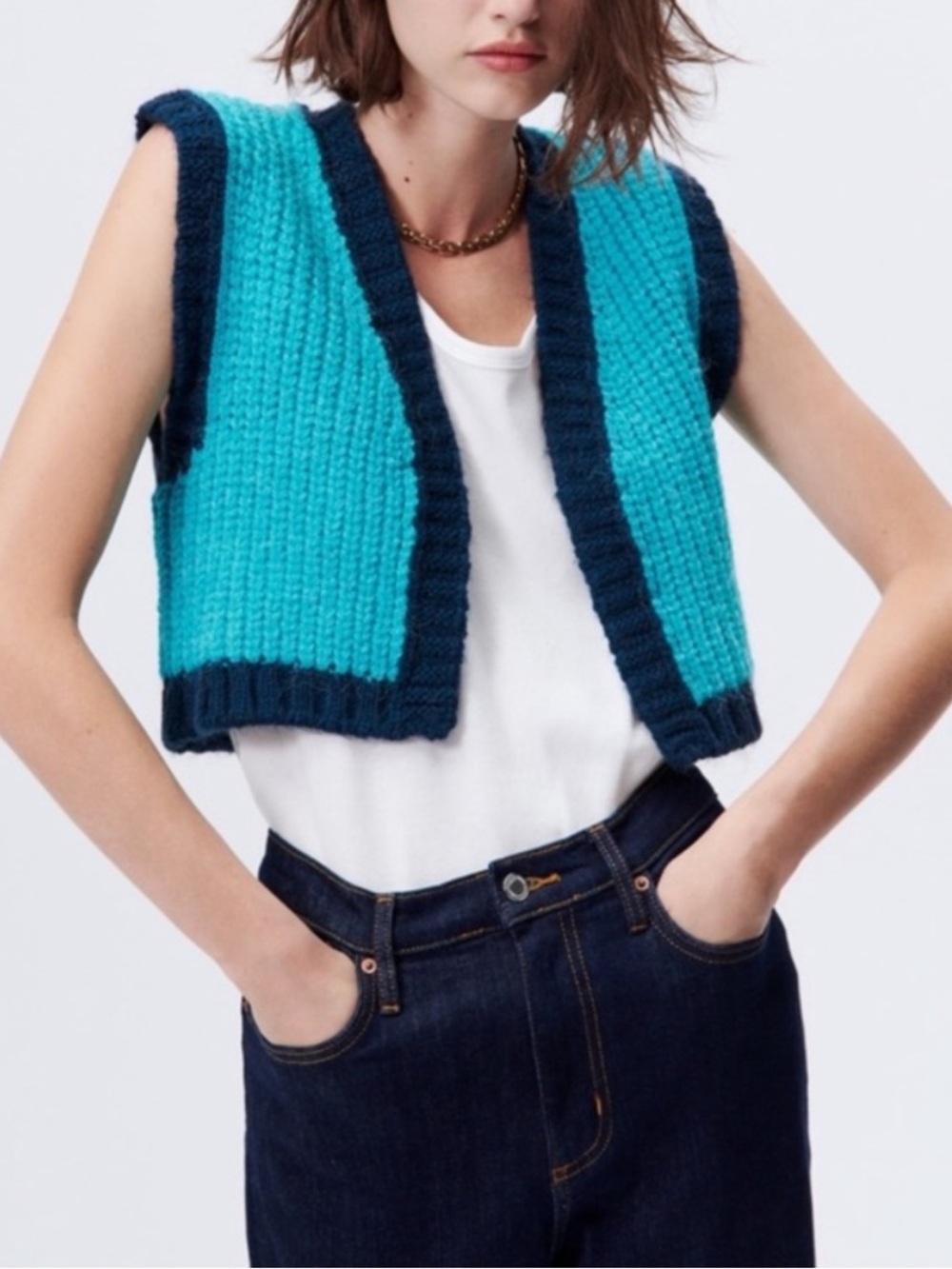 ZARA Turquoise and Navy Open Front Cropped Cardigan Sweater